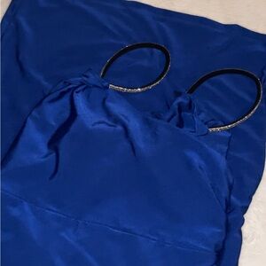 Sparkly strap blue dress with slit